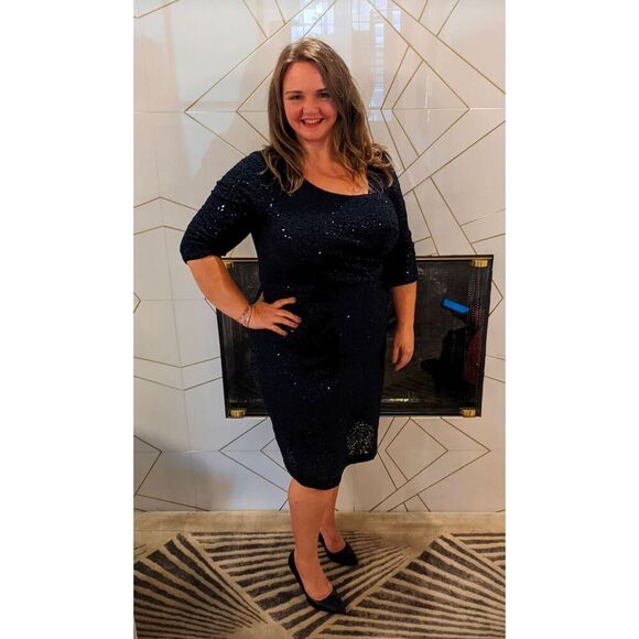 Alex Evenings Sequin Dress 3/4 Length Sleeve Knee Length Blue, Size 18 - Picture 1 of 8